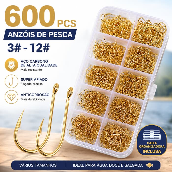 Kit Caixa de Pesca com 600 Anzóis Chinu Dourado #3 ao #12