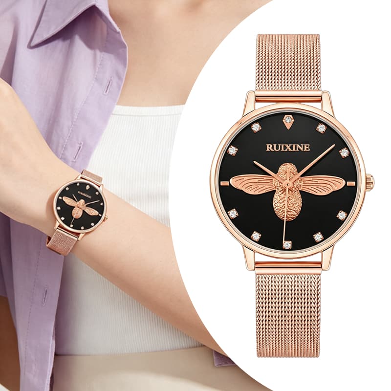 Rel贸gio Feminino Luxo Ouro Rosa Abelha 3D Cristais Pulseira Malha A莽o Inox Ajust谩vel 3ATM Elegante Presente Ideal 720