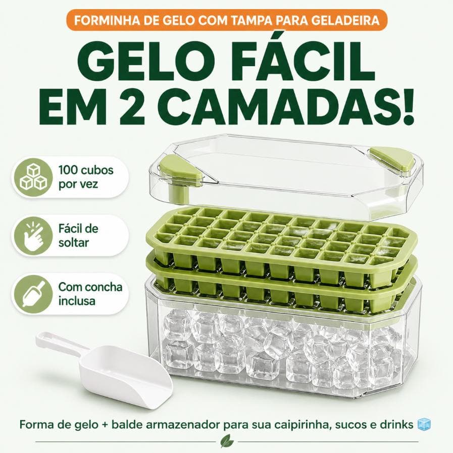 Forma de Gelo com Tampa 🤏 Fácil de Soltar 🧊 Balde 100 Cubos 🍹 Com Concha para Geladeira Freezer