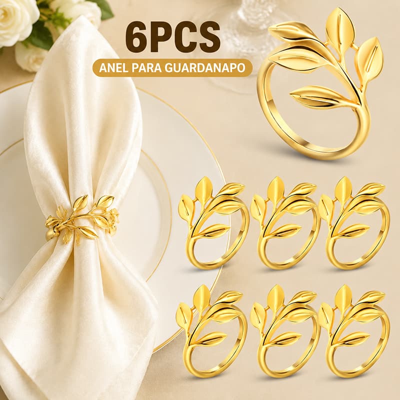 Kit 6 porta guardanapos anéis de guardanapos de metal Folhas / ramos dourado