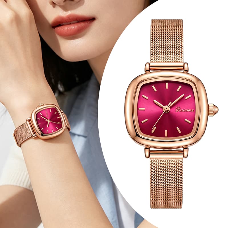 Rel贸gio Feminino Retr么 Luxo Quartzo A莽o Inoxid谩vel Mostrador Vermelho Resistente 脿 脕gua 3ATM Elegante Presente Ideal 868