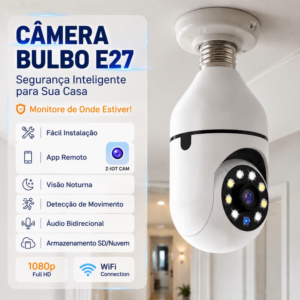 Câmera Lâmpada WiFi Soquete E27 360° Full HD 1080p Câmera de Segurança Doméstica Visão Noturna Áudio Microfone Embutido