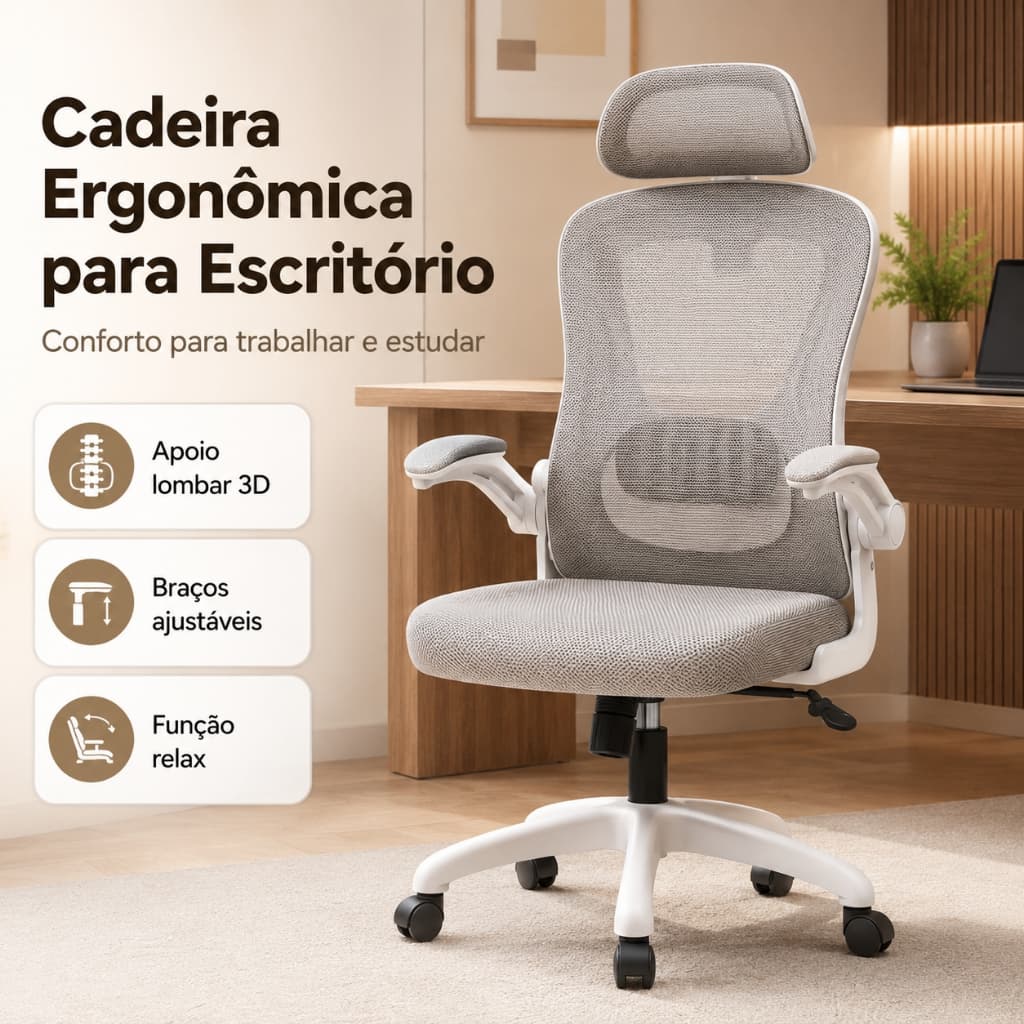 Cadeira de Escritório Ergonômica cinza Giratória com Apoio Lombar 3D e Braços Ajustáveis Cadeira gamer