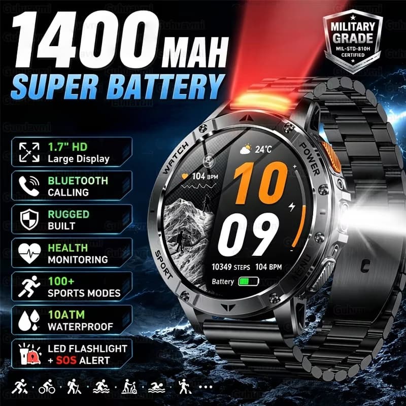 1400mAh Militar Relógio Inteligente Masculino 1.7'Tela HD Chamada Bluetooth 10ATM À Prova Dwaterproof Água Lanterna LED