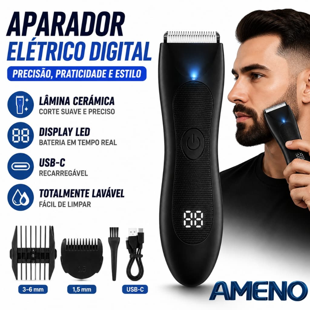 AMENO aparador de barbeiro elétrico digital lâmina cerâmica á prova d'água