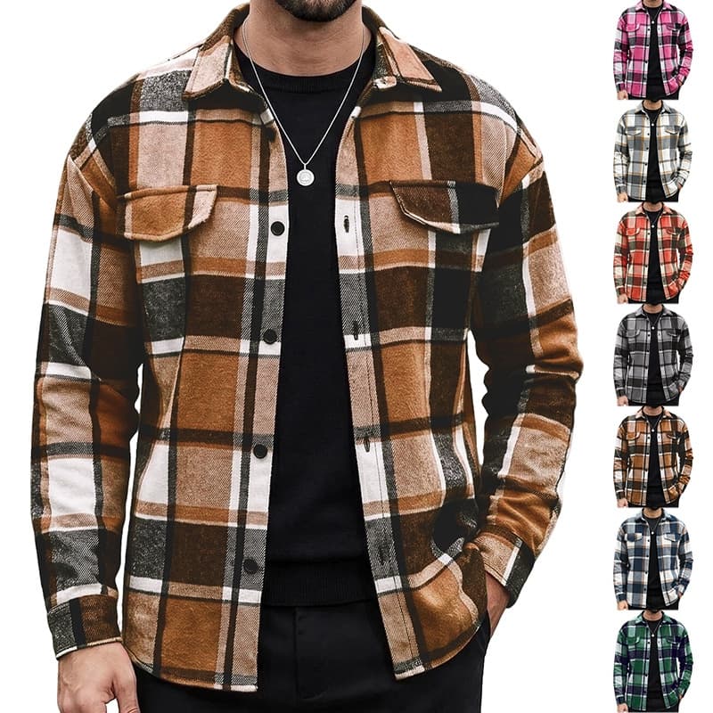 Camisas Masculinas De Flanela Manga Comprida Camisa Xadrez De Algodão Jaqueta Casual Com Botões E Bolsos
