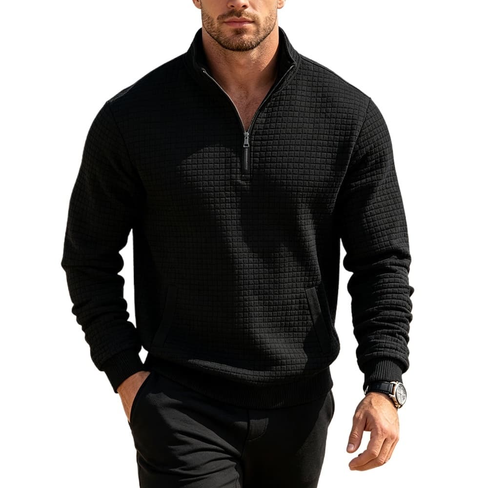 Moletom Pulôver Masculino Com Zíper De Quarto , Blusa De Manga Comprida Gola Texturizada Waffle E Bolsos Laterais