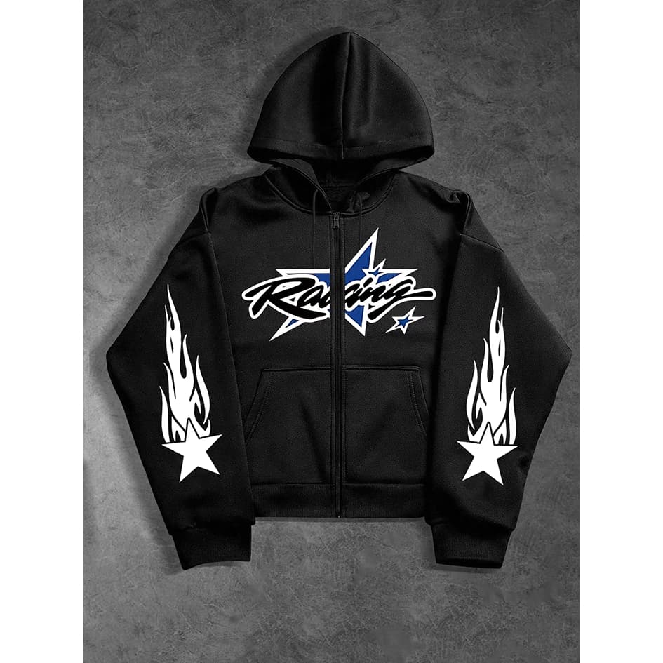 Masculino Feminino Zip Up Hoodie Corrida Estrela Chama Impressão Gráfica Manga Longa Jaqueta Com Capuz Casual Streetwear