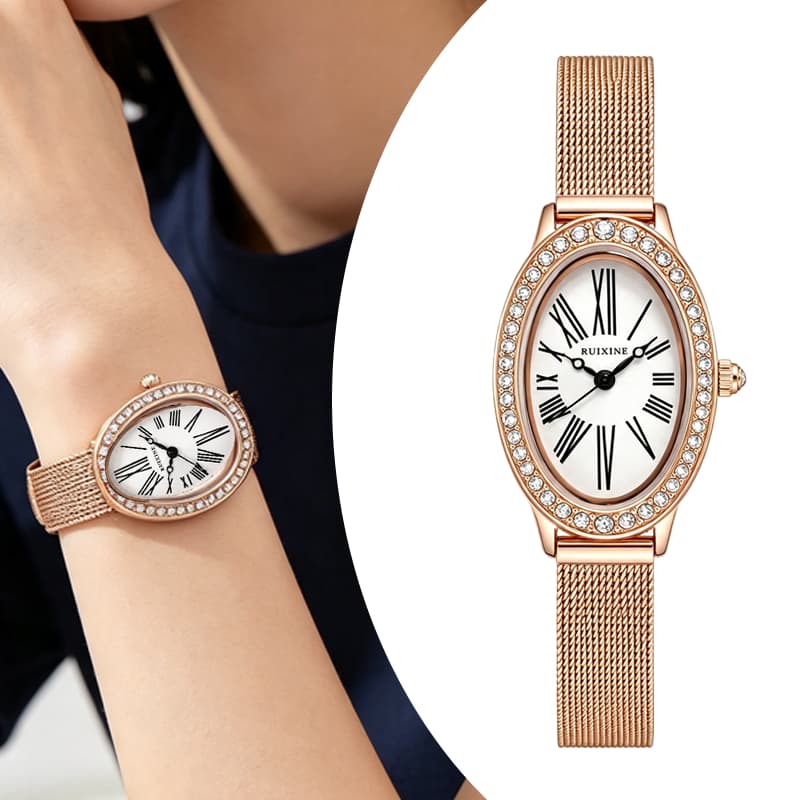 Rel贸gio Feminino Luxo Ouro Rosa Mostrador Oval Romano Pulseira A莽o Inox Resistente 脿 脕gua 3ATM Presente Ideal 969
