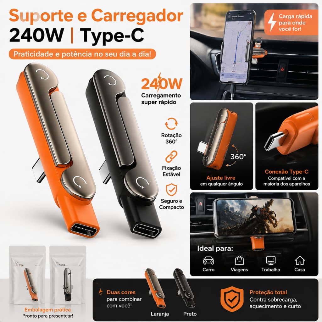 Carregador Tipo C De 240 W Com Suporte Dobrável Para Telefone USB Macho Fêmea Adaptador De Carregamento Rápido iPhone Sa