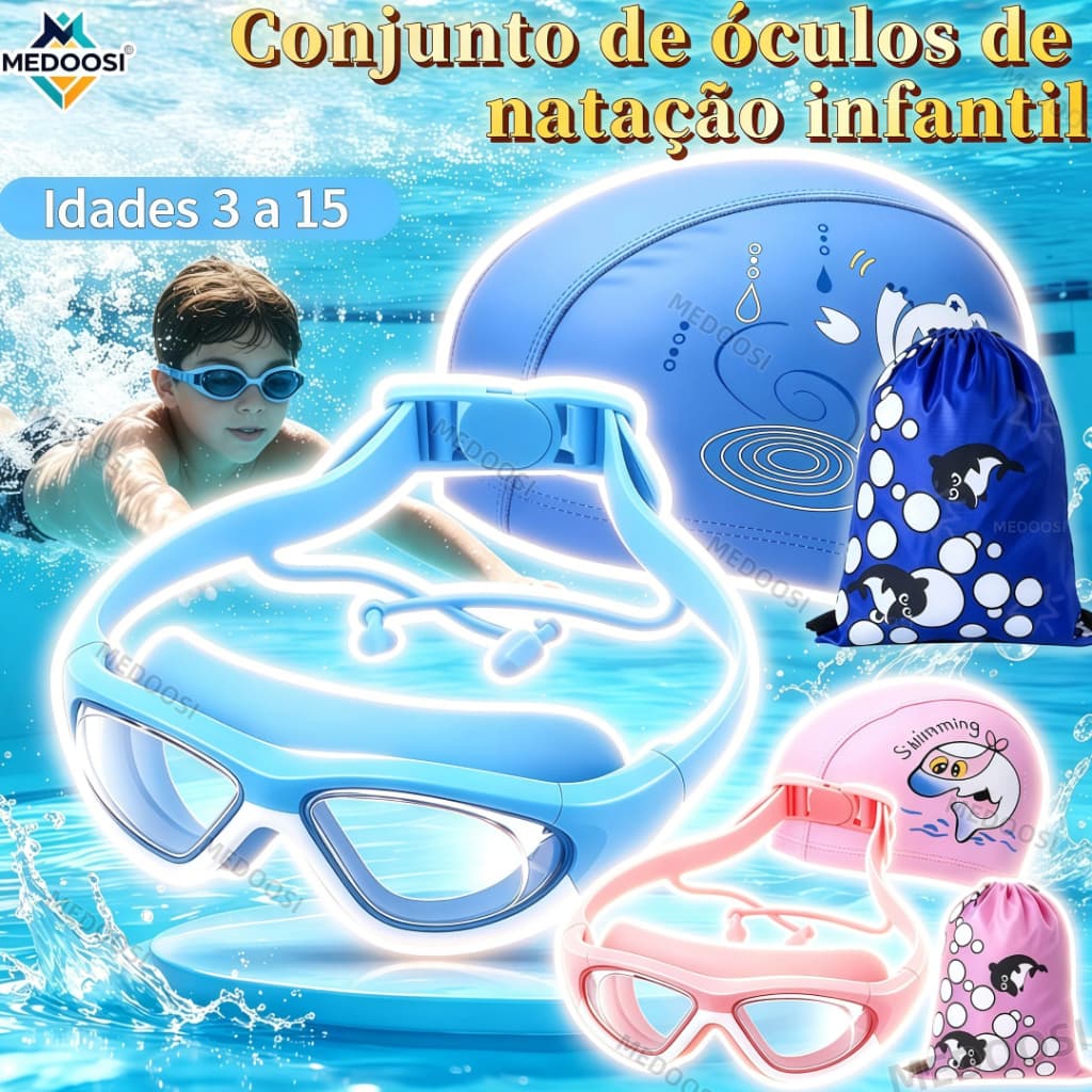 MEDOOSI 1 Conjunto Kit Natação Criança Impermeável | Óculos HD + Touca + Tampões Ouvido + Bolsa Armazenamento​