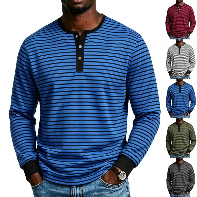 Camisa Henley Listrada Masculina , Camiseta Retrô De Manga Comprida Com Gola Redonda