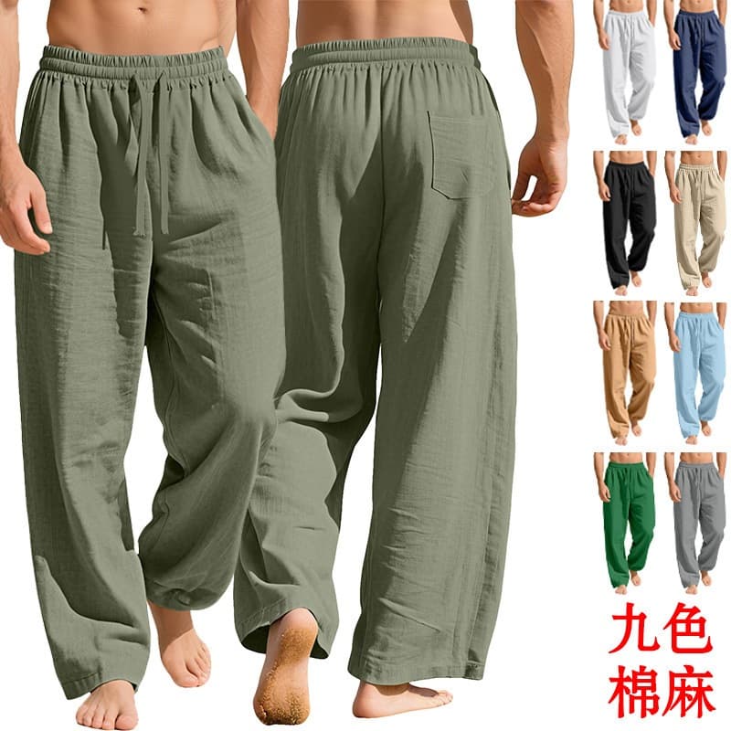 Calças esportivas casuais soltas de linho masculinas com bolso estilo corda cor sólida calças de negócios da moda