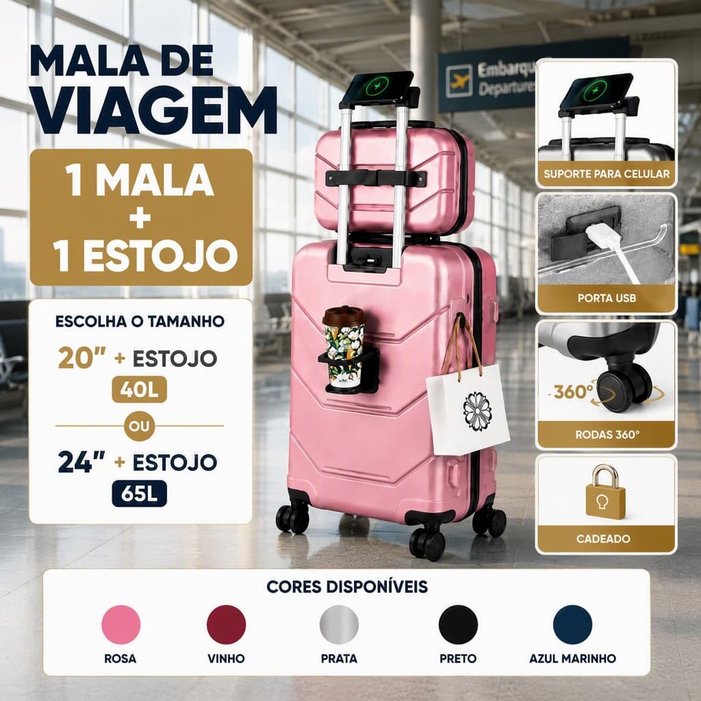 Mala de Bordo Viagem + Frasqueira | Cadeado Numérico Padrão ANAC Rodinhas 360° Entrada Usb