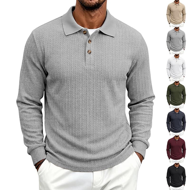Camisa Polo Masculina Texturizada De Manga Comprida , Pulôver Slim Fit Com Gola De Lapela Elástica