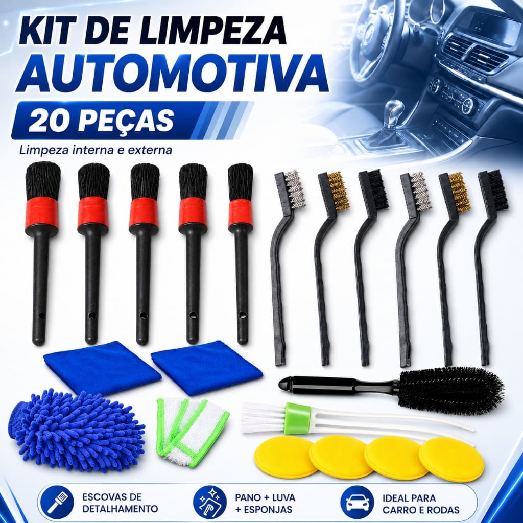Kit Lavagem de Carro 20/15/8 Peças - Escovas, Luvas e Acessórios para Limpeza Automotiva Completa