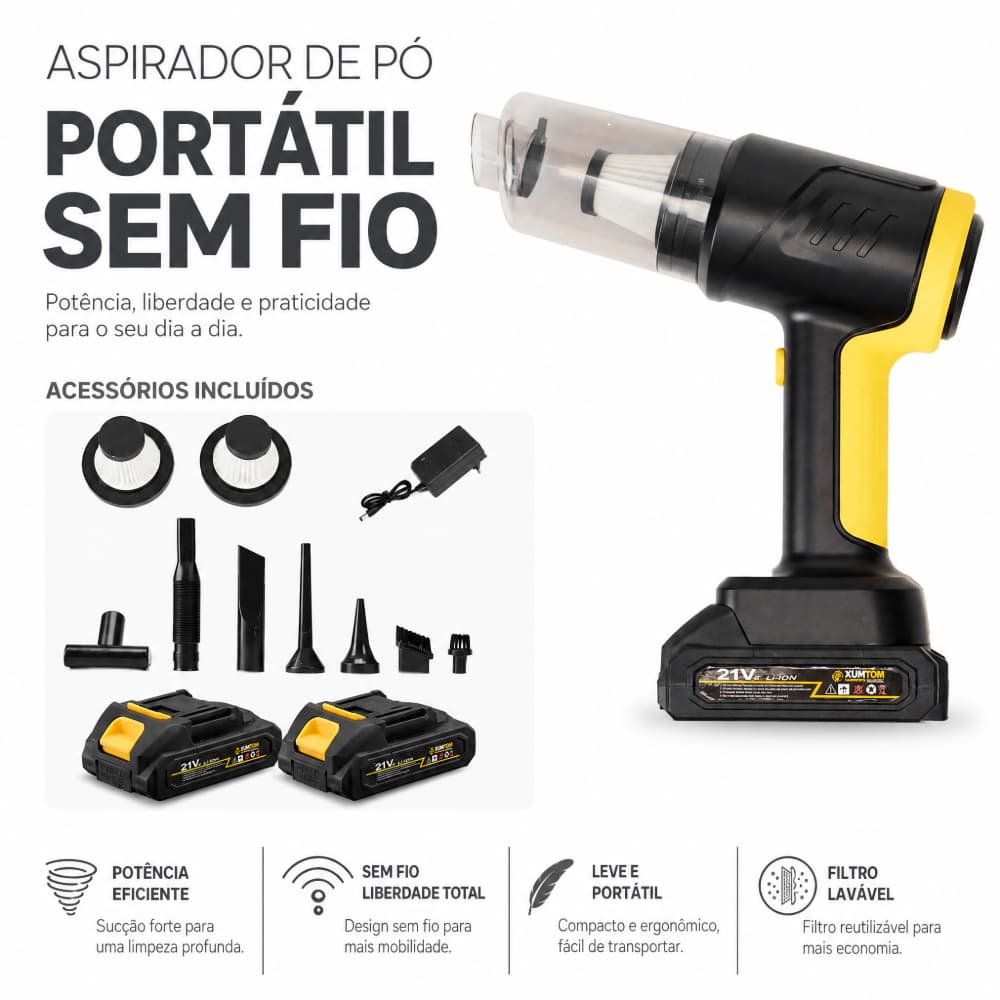Aspirador e secador de carro sem fio recarregável de alta potência 21V com 2 baterias