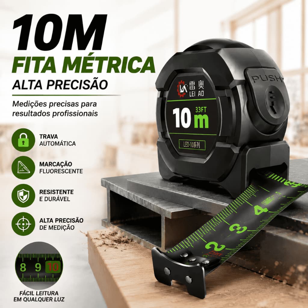 10M Fita Métrica Aço Inoxidável carbono De Alta Precisão trena Profissional Fluorescente Trava