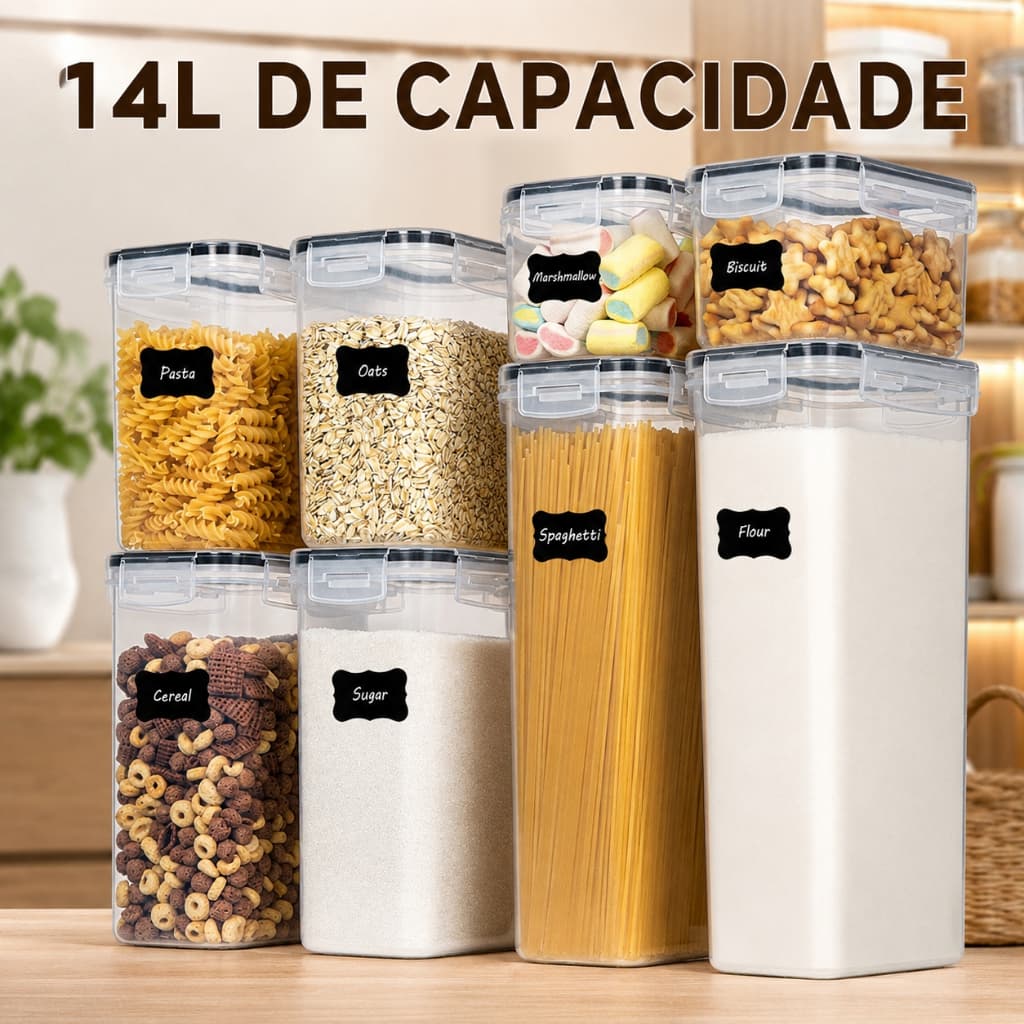 Kit 8 Potes Herméticos Mantimentos 14 L Organiza COM Etiquetas e canetas
