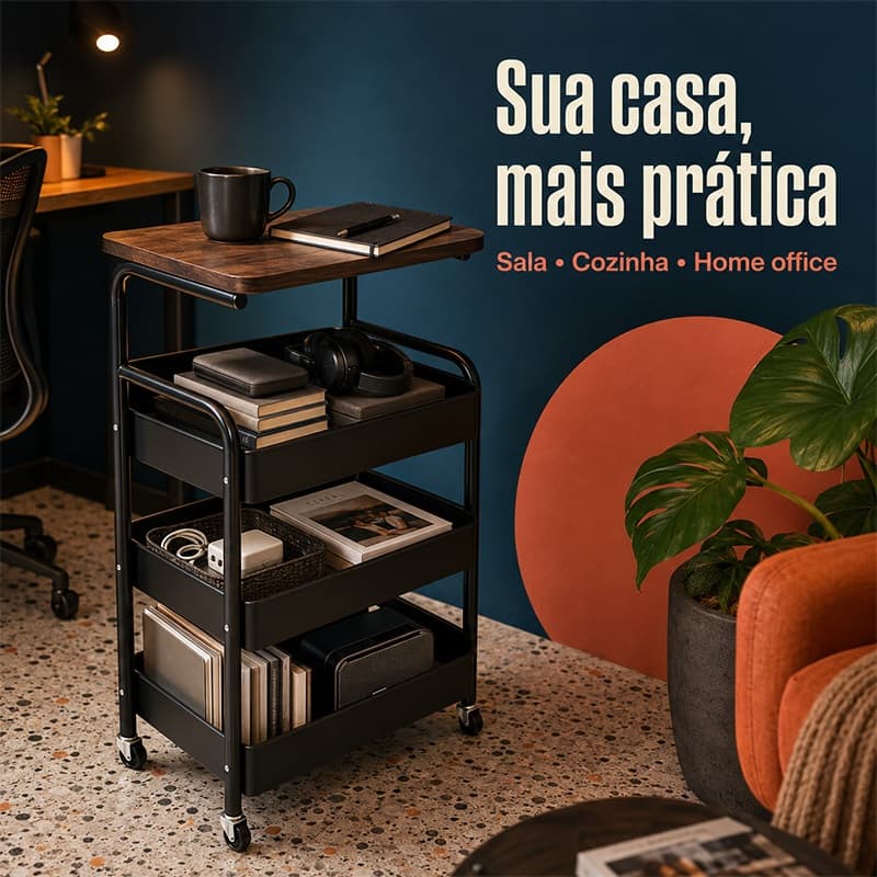 Carrinho Organizador com Rodas 360° 3‑4 Andares Multiuso Estrutura Resistente Para Casa Cozinha e Escritório
