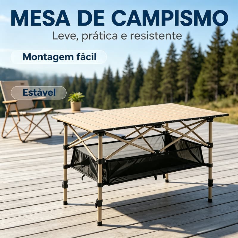 Mesa de Camping Dobrável de Alumínio Ultraleve Portátil com Bolsa e Rede Arrumação para Acampamento Praia Churrasco
