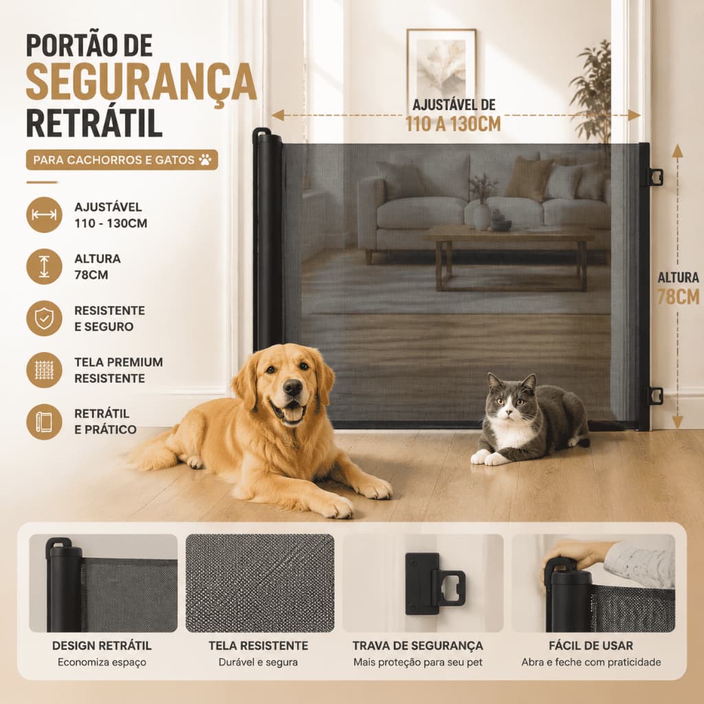 Portão de Segurança Retrátil para Cachorros e Gatos, Ajustável de 110 a 130cm, Altura 78cm, Cor Preto