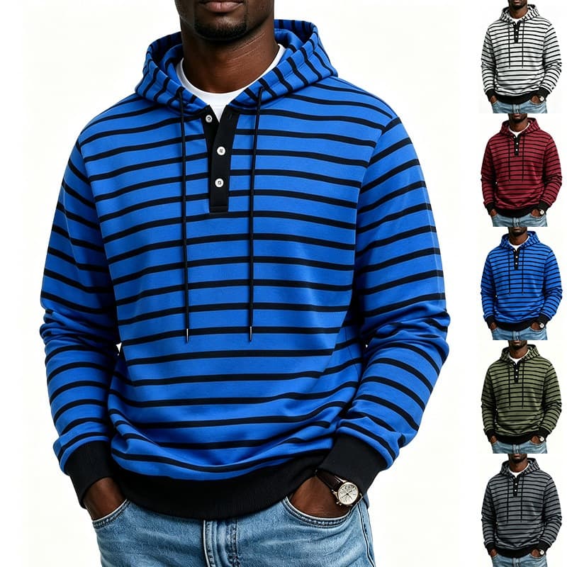 Moletom Masculino Listrado Henley , Manga Comprida , Botão , Carcela , Cordão , Pulôver Com Capuz