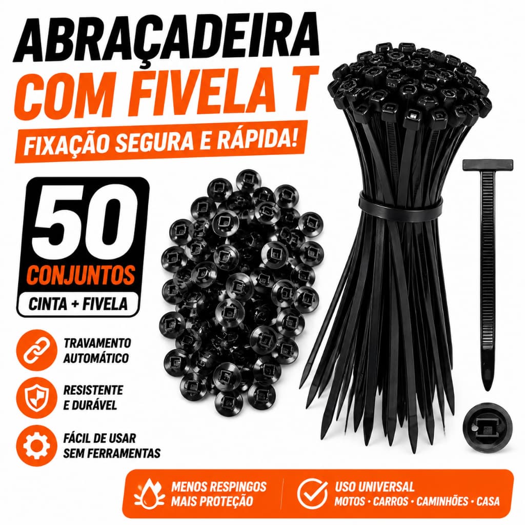 Kit 50 Abraçadeira Nylon Enforca Gato Fivela Cinta Plástica Tipo T Universal Travamento Automático Carro