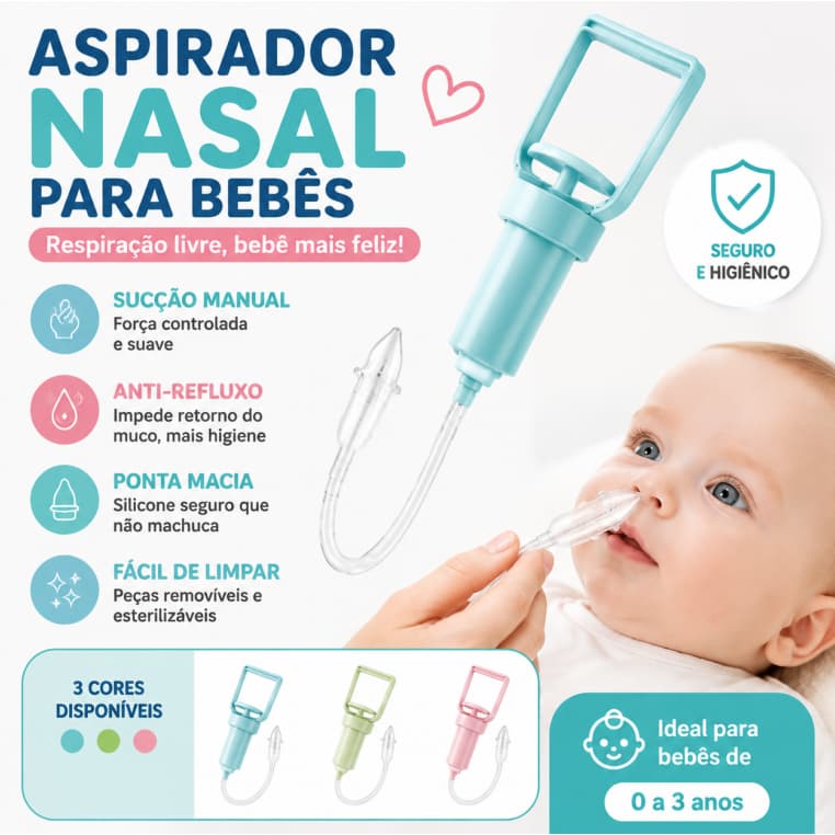 Aspirador Nasal Bebê Manual Removedor de Muco e Nariz Entupido Infantil Com Sucção Suave Antirrefluxo