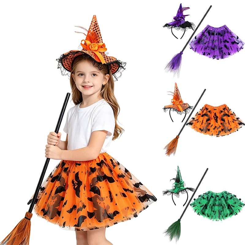 Crianças Bruxa Traje Conjunto Chapéu Varinha Vassoura Morcego Impressão Tutu Saia Para Meninas Festa De Halloween Vestir