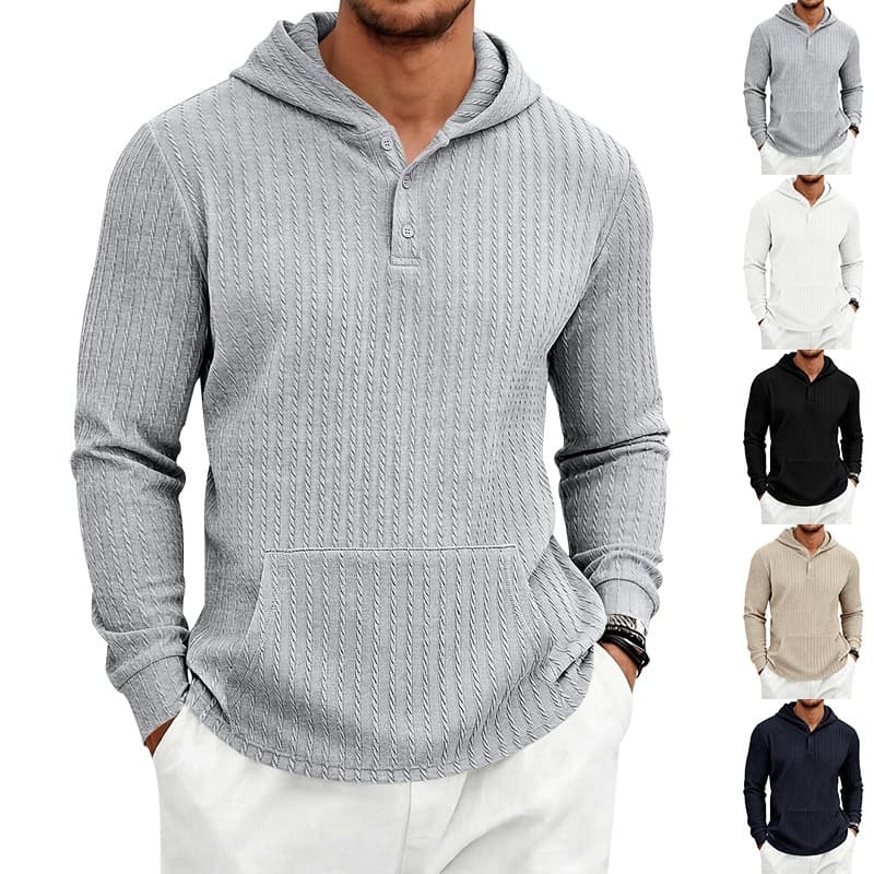Moletom Masculino Com Capuz Henley De Malha Texturizada , Camiseta Casual De Manga Comprida E Bolso Canguru