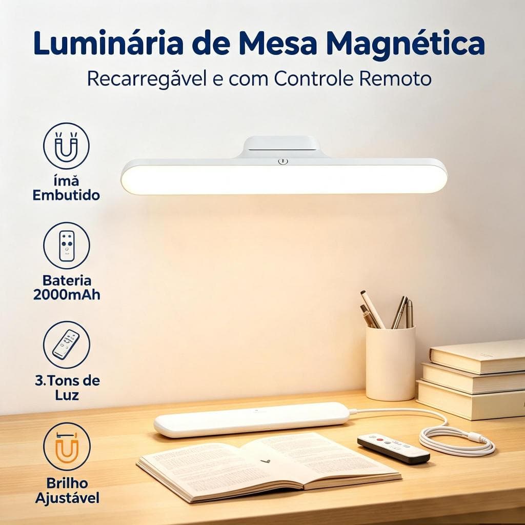 Lâmpada de LED Recarregável com Base Magnética, para Sobrepor, Sem Fio, Toque e Luz Ajustável