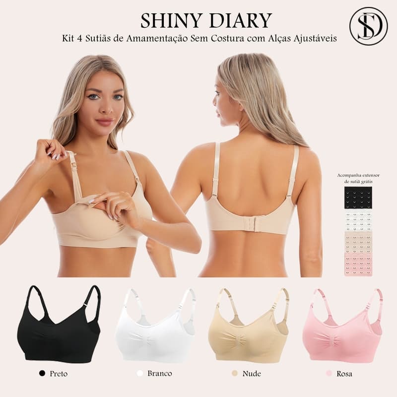 SHINY DIARY Kit 4 Sutiãs de Amamentação com Bojo Removível, Alças Ajustáveis e Extensor de Fecho