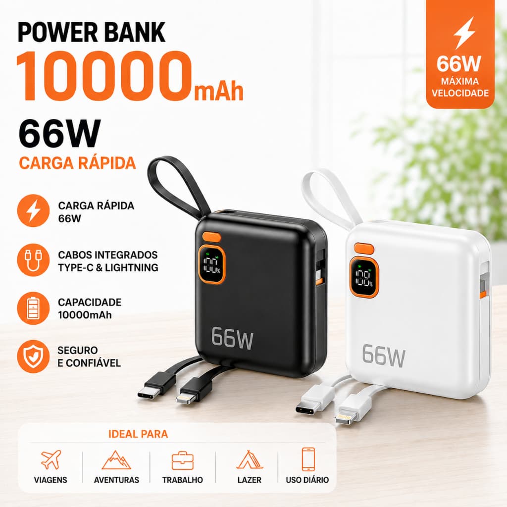 Mini Power Bank Portátil 10.000mAh 66W com Cabo Tipo C e iOS