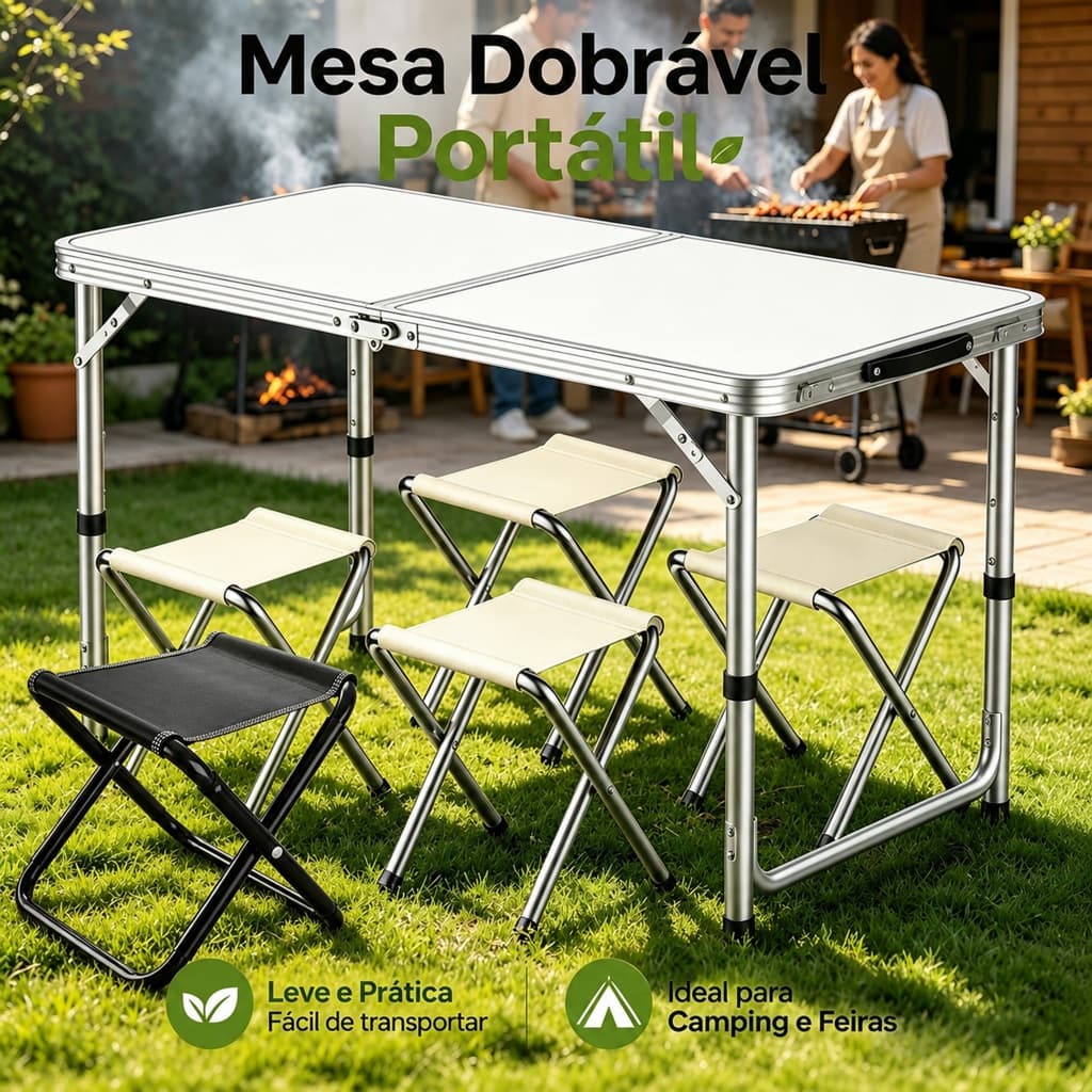 Mesa Dobrável Maleta Alumínio 120*60cm E 4 Banqueta Portátil mall inline badgeMesa 1,20m Vira Com Alça Resistente Oferta