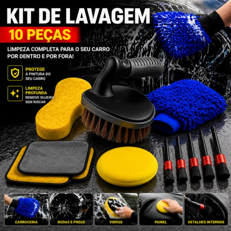 Kit 10 Peças Lavagem Automotiva Esponja + Escova de Pneu + Flanela + Aplicador de Cera + Luva Microfibra + Kit Pincel