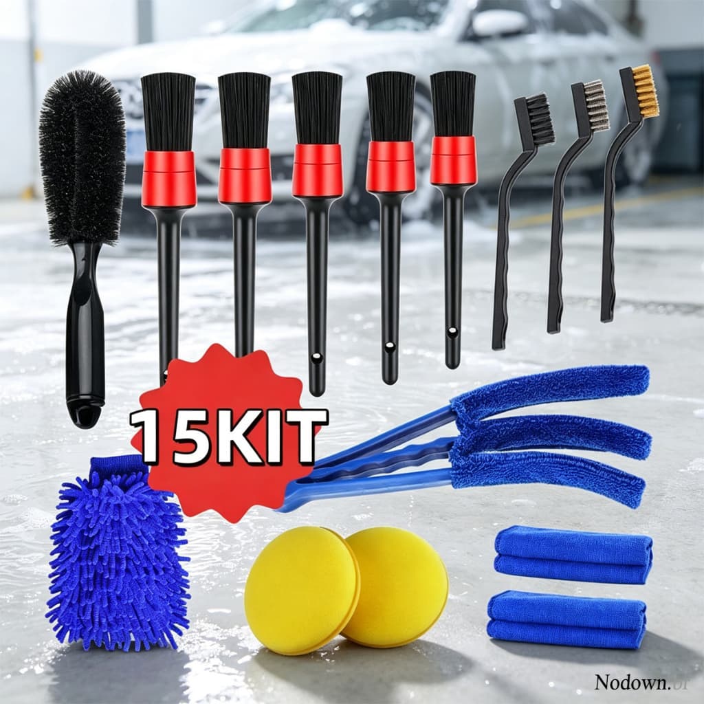 Kit 15 Peças Lavagem Automotiva Esponja + Escova de Pneu + Flanela + Aplicador de Cera + Luva Microfibra + Kit Pincel