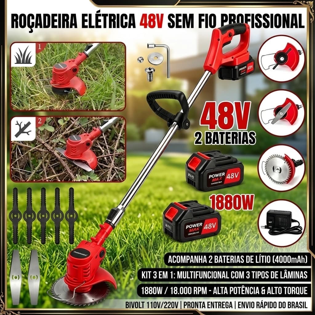 Roçadeira Elétrica Aparador de Grama 48V Sem Fio Profissional 1880W Bateria Lítio Bivolt Cortador de Grama Kit 3 em 1