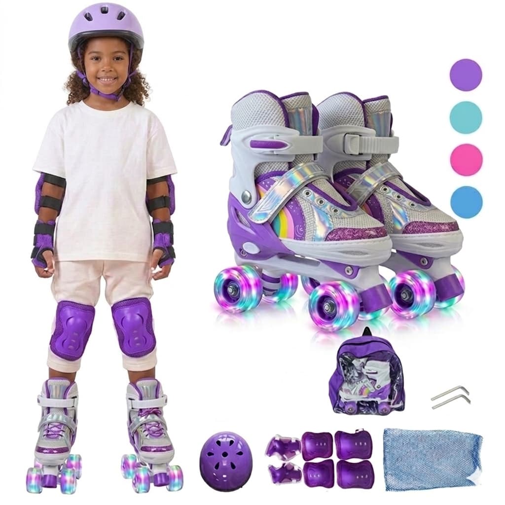 Patins Infantil 4 Rodas c/ Luz LED - Kit Completo ou Básico - Capacete de Segurança 3CM Reforçado