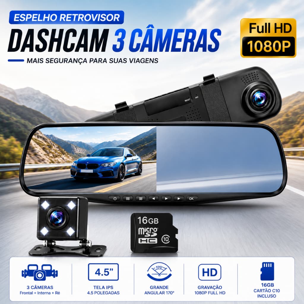 Câmera Veicular Espelho Retrovisor Dupla HD 1080P, Tela 4,5" com Função de Gravação