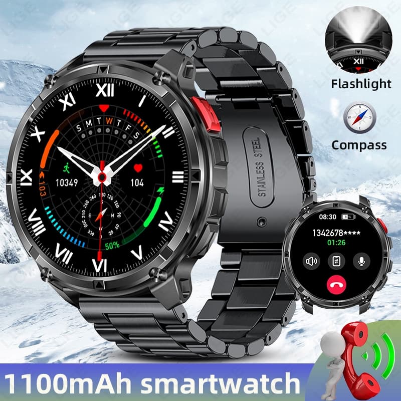 LIGE Smart Watch 1100 mAh Lanterna Bússola Monitoramento De Frequência Cardíaca IP68 À Prova D'água Esportivo Smartwatch