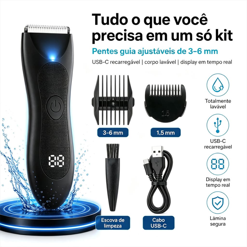 Máquina Forte para Cabelo de Cortar Pelos com Luz LED e Suporte – Ideal para Virilha, Peito e Axilas