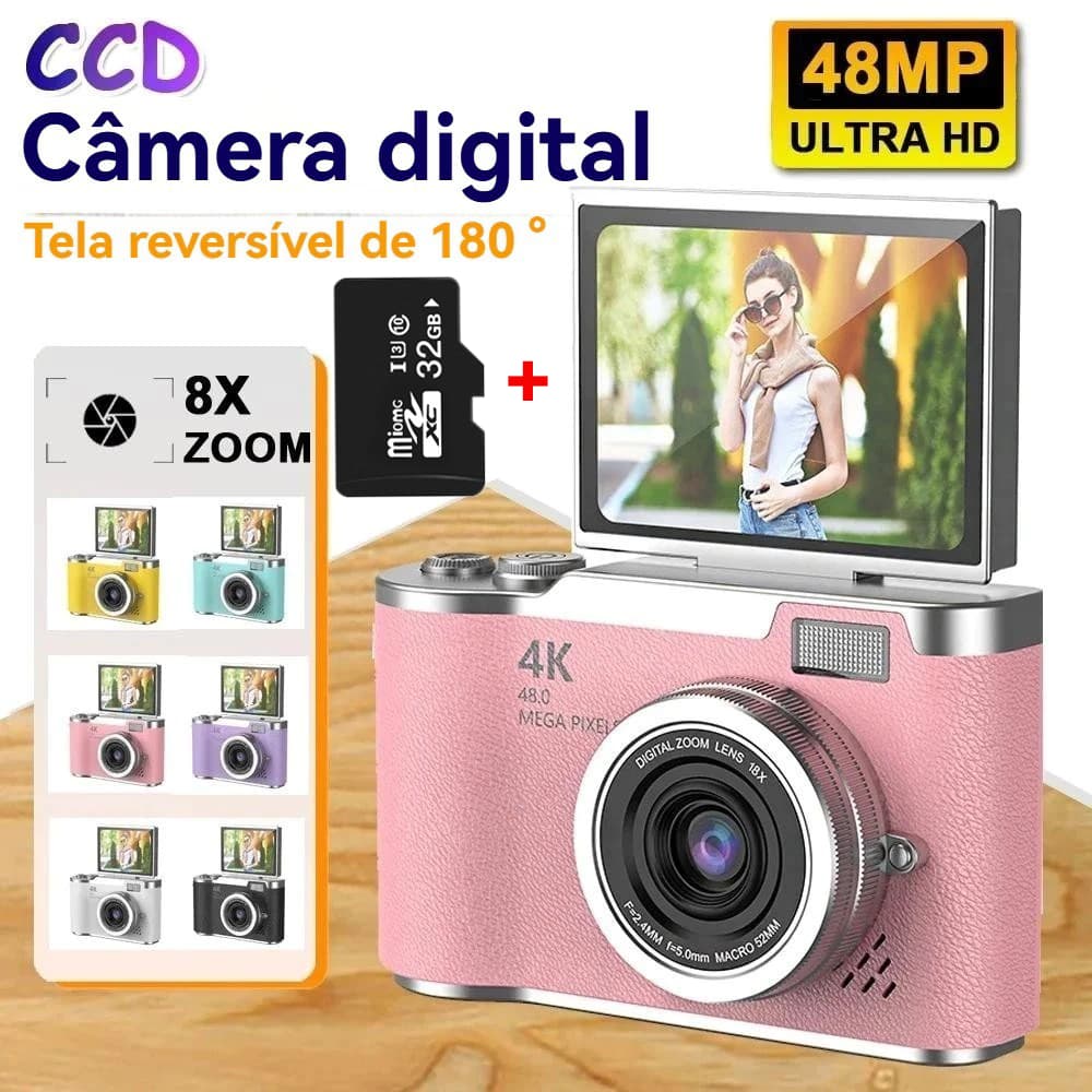 Câmera digital 4K CCD com zoom óptico de 8x, cartão de memória de 32 GB, ideal para fotografia estudantil.