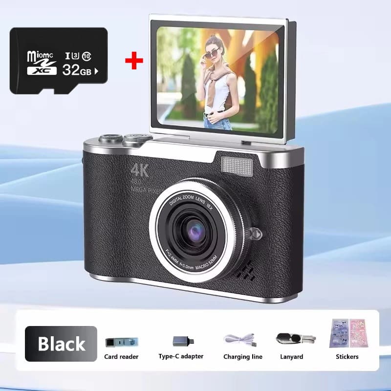 Câmera digital CCD de 48 MP com tela giratória 4K e zoom de 8x | Cartão SD de 32 GB, perfeito para selfies e vlogs