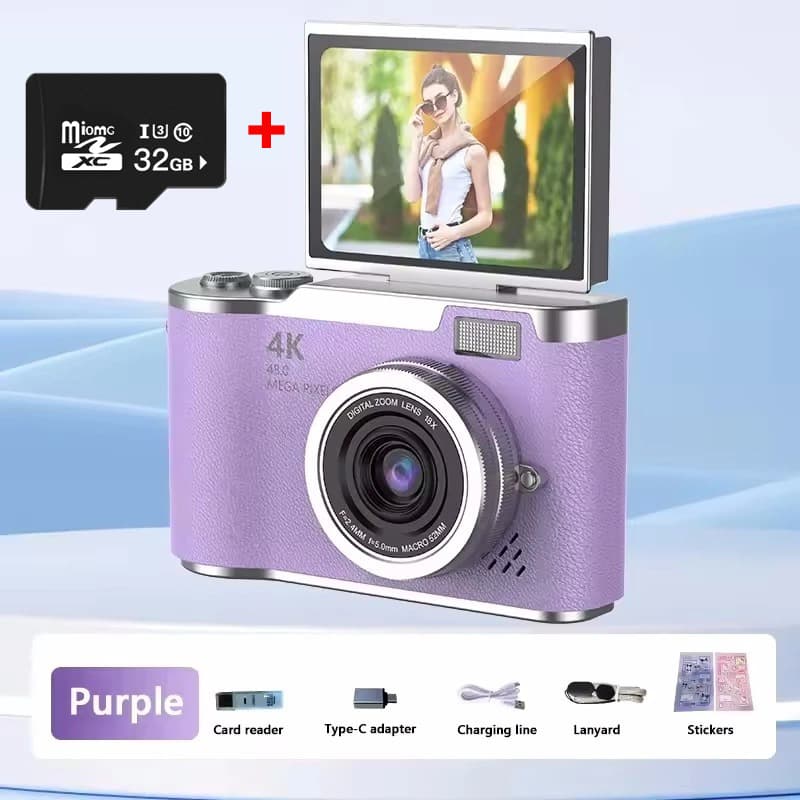 Acompanha um cartão SD de 32 GB, sensor CCD 4K e câmera digital com zoom óptico de 8x, ideal para fotografia estudantil.