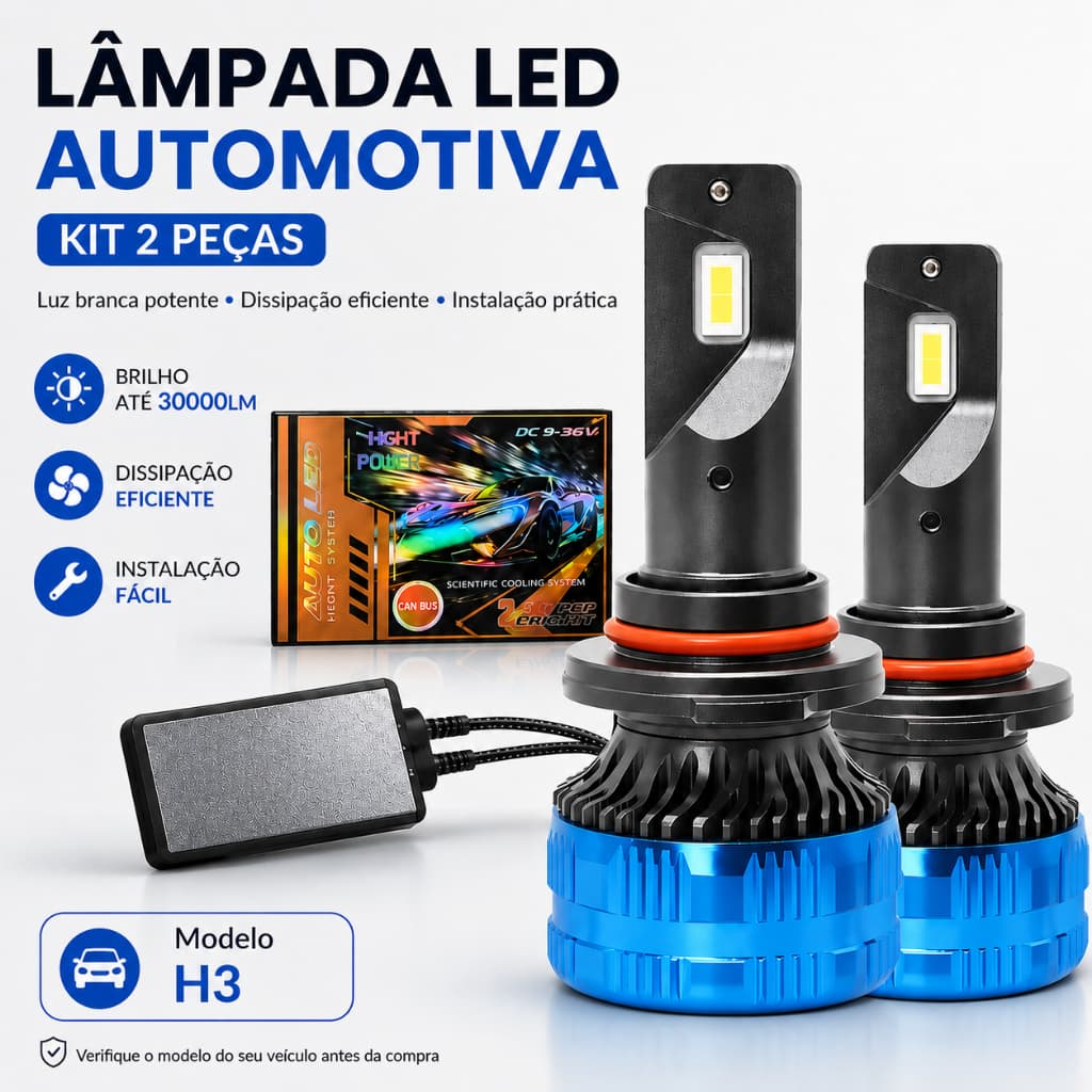 Kit Lâmpadas LED Automotivas 15000Lúmens 150W 6000K, Luz Alta‑Baixa e Milha, Compatível H3
