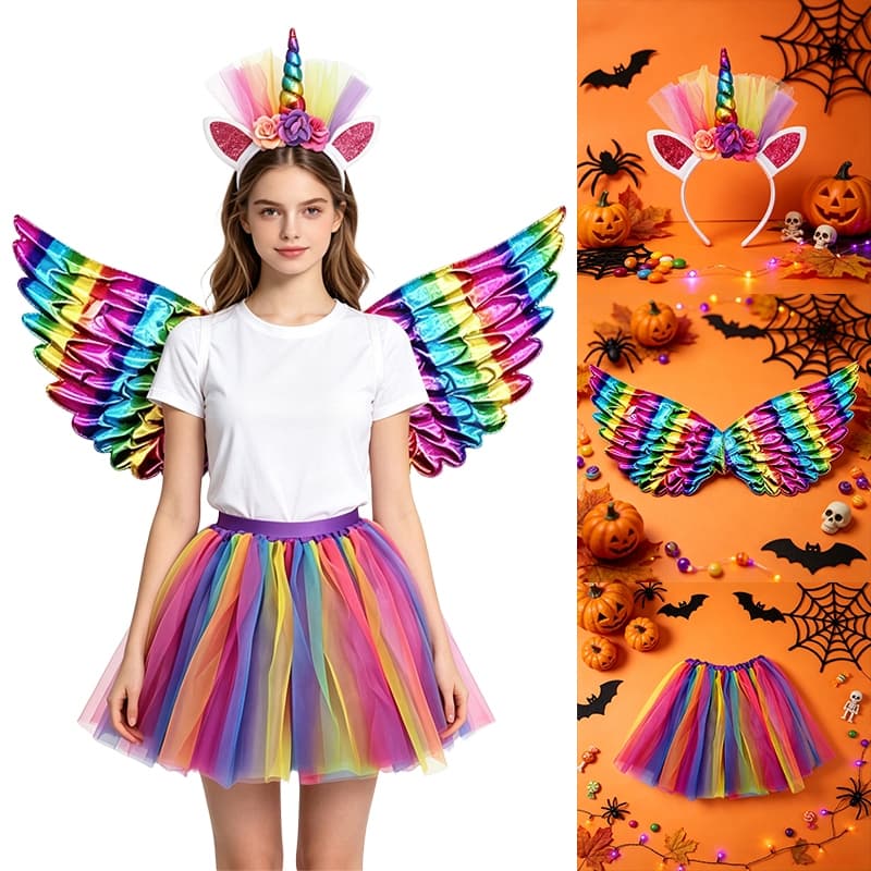 Conjunto De Fantasia De Unicórnio Arco-Íris , Tiara , Asas , Saia Tutu Para Adultos , Acessório De Cosplay De Halloween