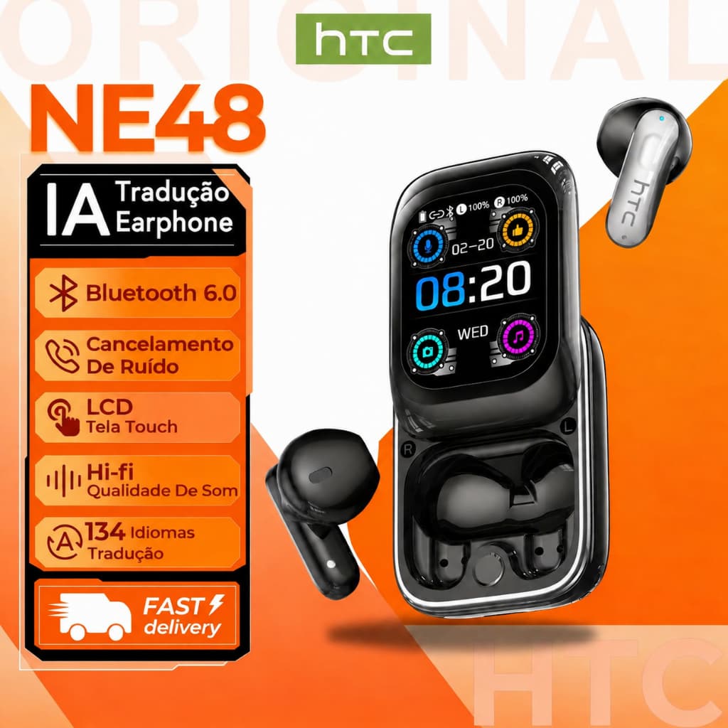 HTC NE48 AI Tradutor Fone De Ouvido Bluetooth 6.0 Tradução 165 Idiomas Touchscreen Intra-Auriculares Cancelamen