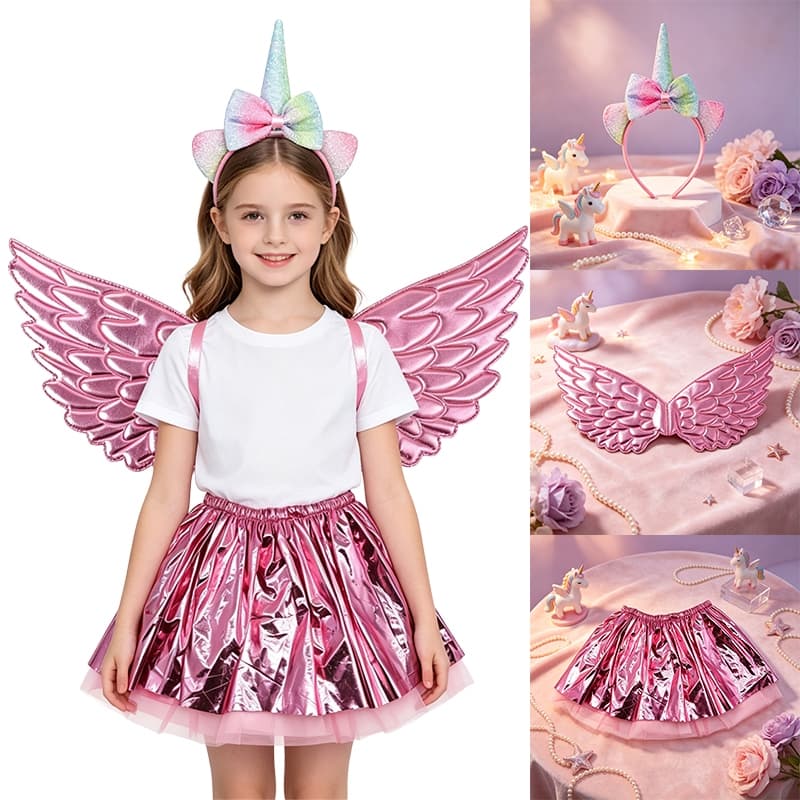 Conjunto De Fantasia De Unicórnio Rosa Bandana Asas Saia Tutu Para Meninas Aniversário Halloween Vestir-Se