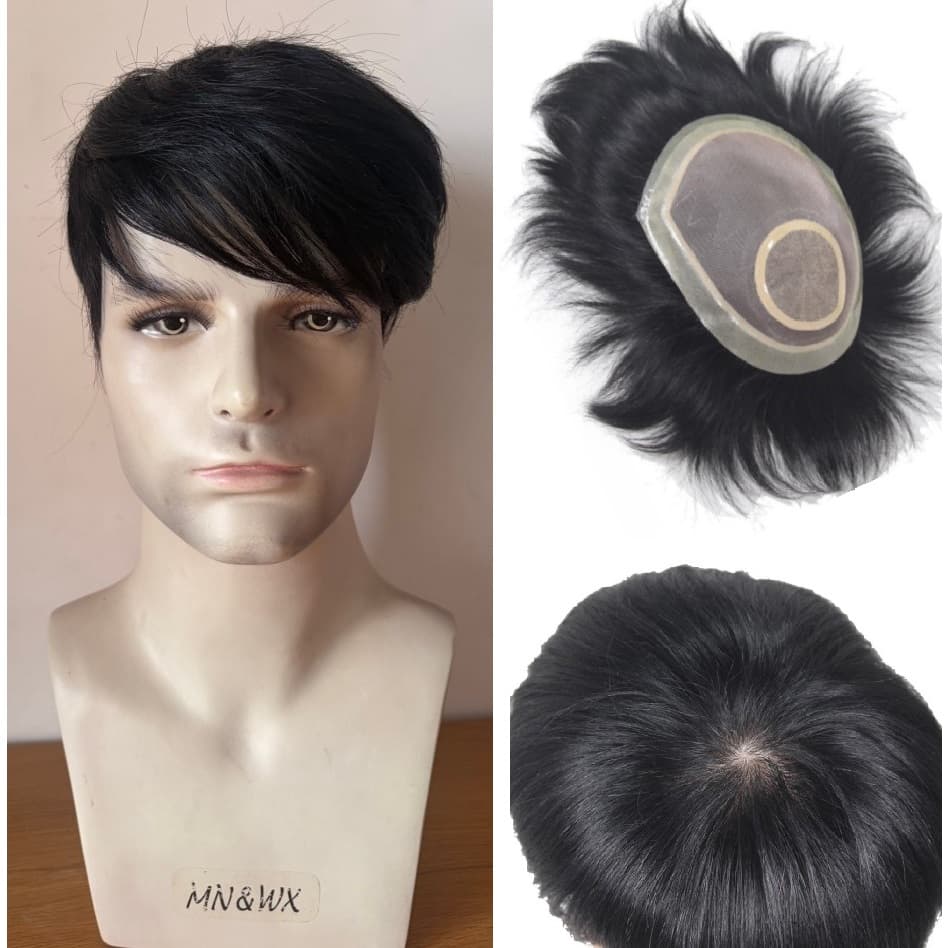 100 % Cabelo Humano Sem Corte Peruca Unidade Topper Seda Redemoinho 1B Preto Masculino Perda De Capa